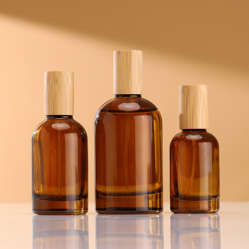 30ml 50ml 100ml empty amber glass crimp sprayer perfume bottles with bamboo lids