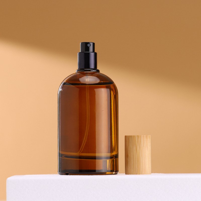 30ml 50ml 100ml empty amber glass crimp sprayer perfume bottles with bamboo lids