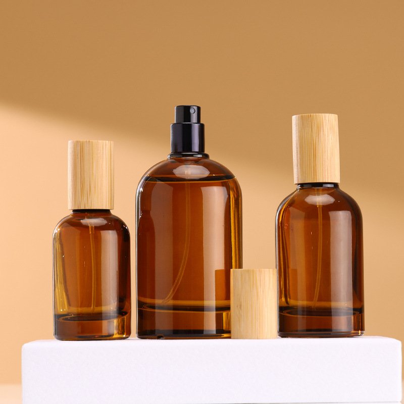 30ml 50ml 100ml empty amber glass crimp sprayer perfume bottles with bamboo lids