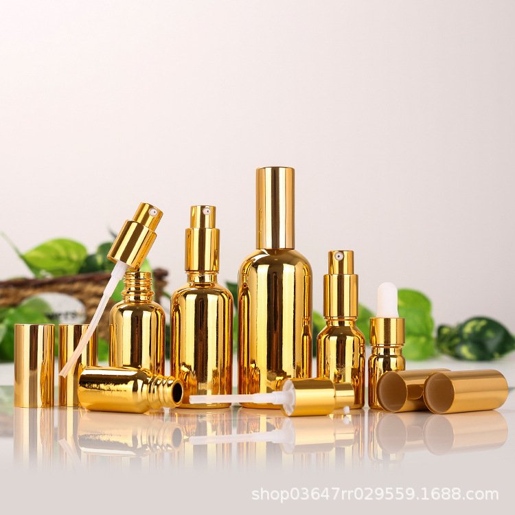 Electroplating Gold Cosmetic Glass Bottle 10ml 15ml 20ml 30ml 50ml 100ml for Massage Essential Oil Serum with Lotion Pump