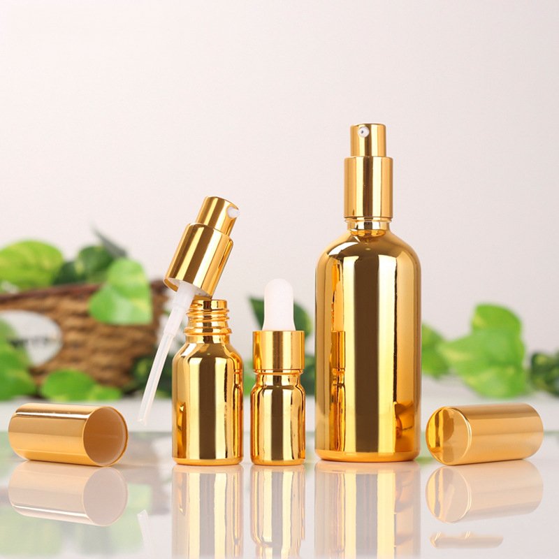 Electroplating Gold Cosmetic Glass Bottle 10ml 15ml 20ml 30ml 50ml 100ml for Massage Essential Oil Serum with Lotion Pump