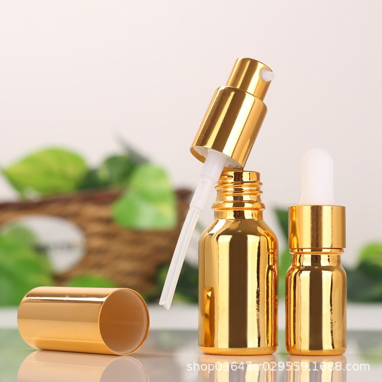Electroplating Gold Cosmetic Glass Bottle 10ml 15ml 20ml 30ml 50ml 100ml for Massage Essential Oil Serum with Lotion Pump