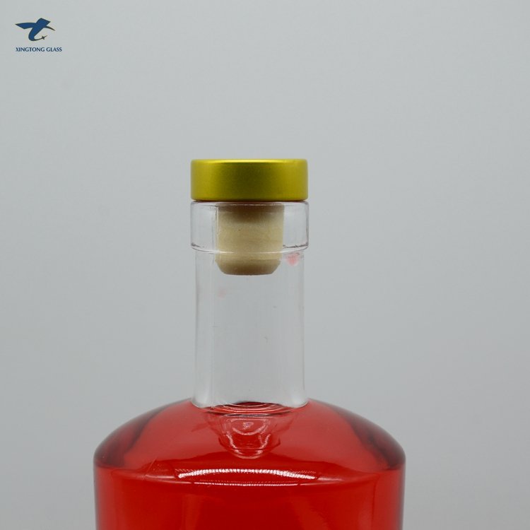 High quality round flat 200ml 500ml 700 ml 750ml 1000ml glass liquor bottle for gin vodka whiskey glass bottles with T stopper