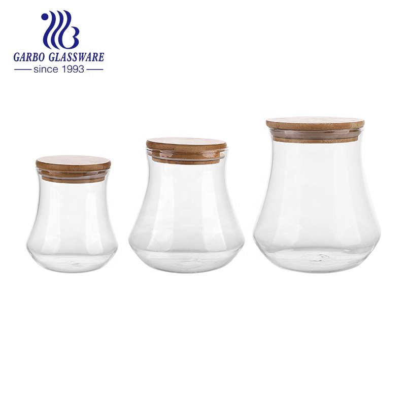 600ml High Borosilicate Glass Storage Jar with Bamboo Lid Customized Logo Clear Glass Food Storage Jar glass food container