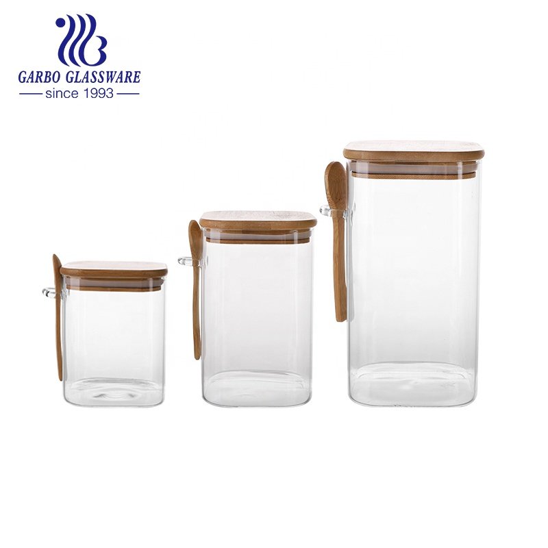 600ml High Borosilicate Glass Storage Jar with Bamboo Lid Customized Logo Clear Glass Food Storage Jar glass food container