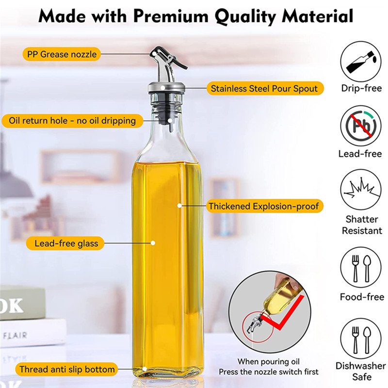 250ml 500ml 750ml 1L Clear Empty Square Kitchen Containers Vinegar Hot Sauce Olive Oil Packing Glass Bottles with Pourer Spout