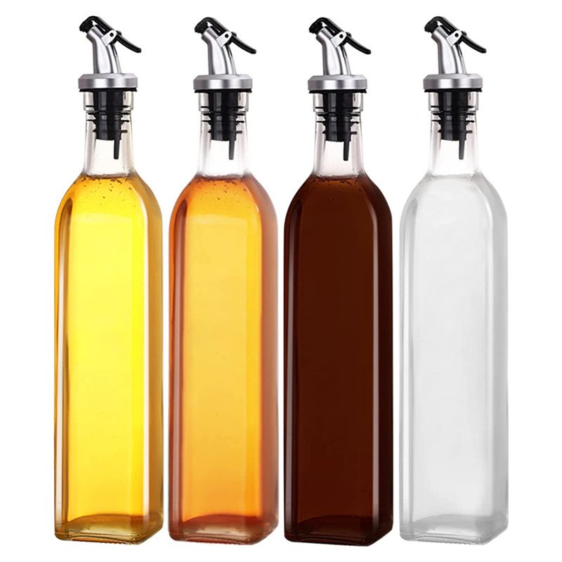 250ml 500ml 750ml 1L Clear Empty Square Kitchen Containers Vinegar Hot Sauce Olive Oil Packing Glass Bottles with Pourer Spout