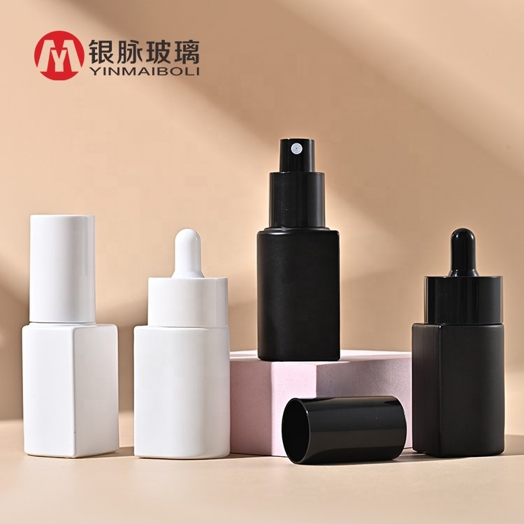 Yaimai Clear Half Round 30ml Skin Care White Serum Glass Dropper Bottle Black white Emulsion Pump Cosmetic Packaging