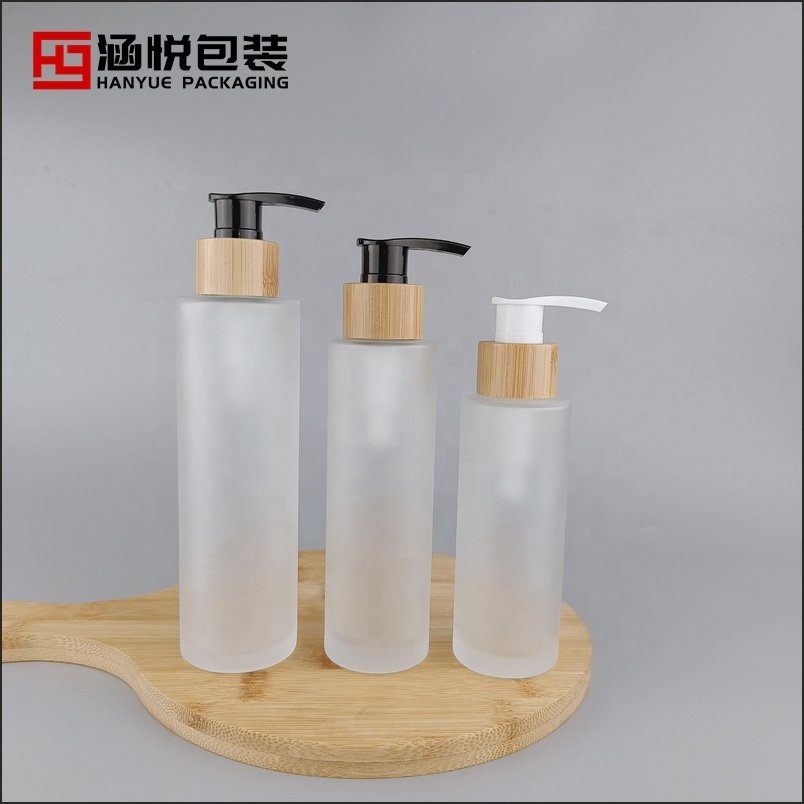 Flat shoulder glass bottle 30 ml 40 ml 50 ml 60 ml 100ml 120ml 150ml frosted glass bottle with bamboo spray pump