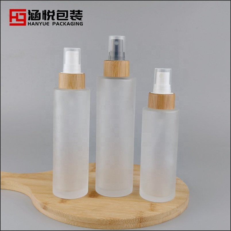 Flat shoulder glass bottle 30 ml 40 ml 50 ml 60 ml 100ml 120ml 150ml frosted glass bottle with bamboo spray pump