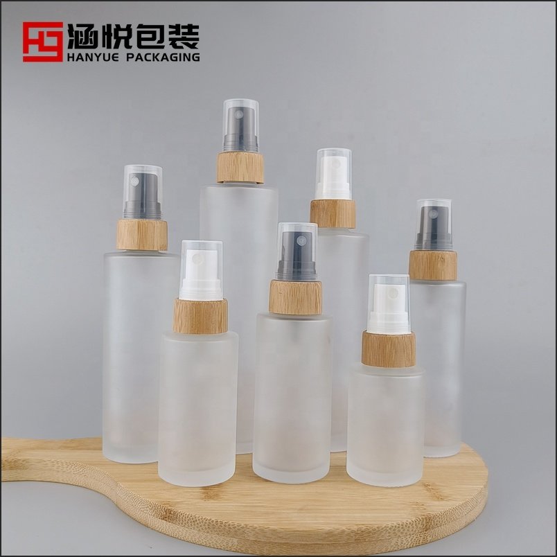 Flat shoulder glass bottle 30 ml 40 ml 50 ml 60 ml 100ml 120ml 150ml frosted glass bottle with bamboo spray pump