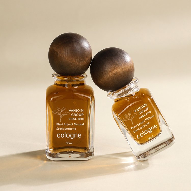 Luxury clear round collection glass perfume bottle spray bottle wooden ball cap 30ml 50ml in bulk glass bottle with ball cap