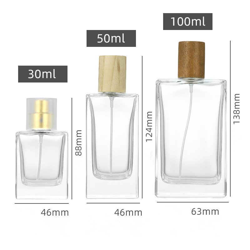 30ml 50ml 100ml Empty Clear Perfume Glass Bottle bouteille de parfum Square Spray Perfume Bottle Wood Cap