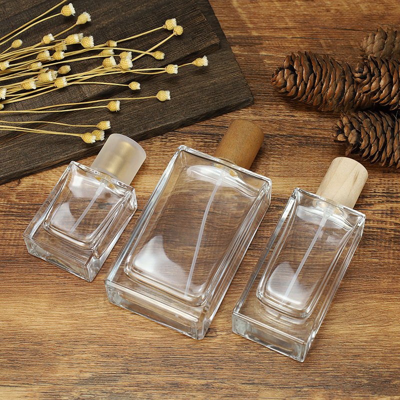 30ml 50ml 100ml Empty Clear Perfume Glass Bottle bouteille de parfum Square Spray Perfume Bottle Wood Cap
