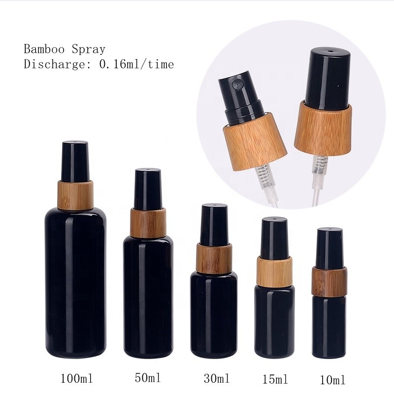 bamboo sprayer violet glass bottle 10 ml 15 ml 30 ml 50 ml 100 ml black glass cosmetic bottle with 18/415 bamboo spray pump