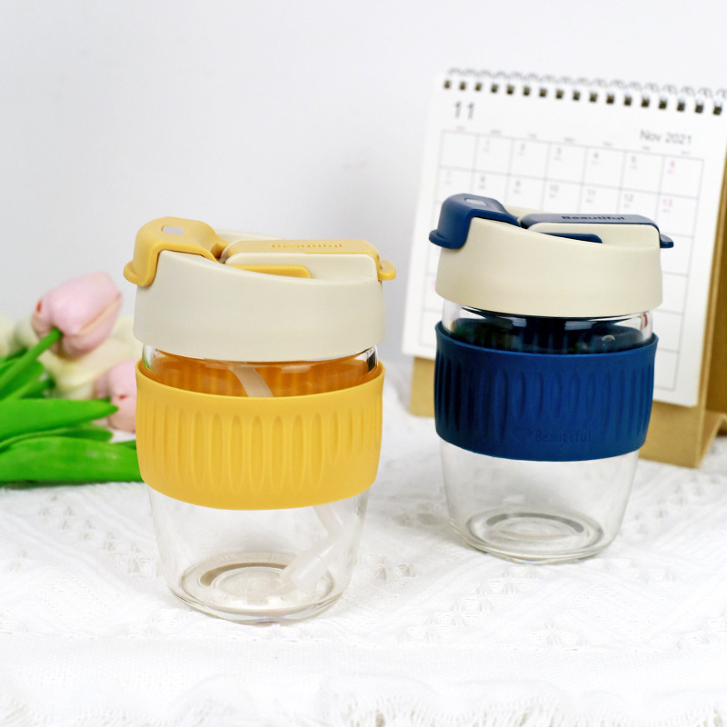 10-15oz glass bottle with sleeve and straw glasses cup Glass Drinking Bottle