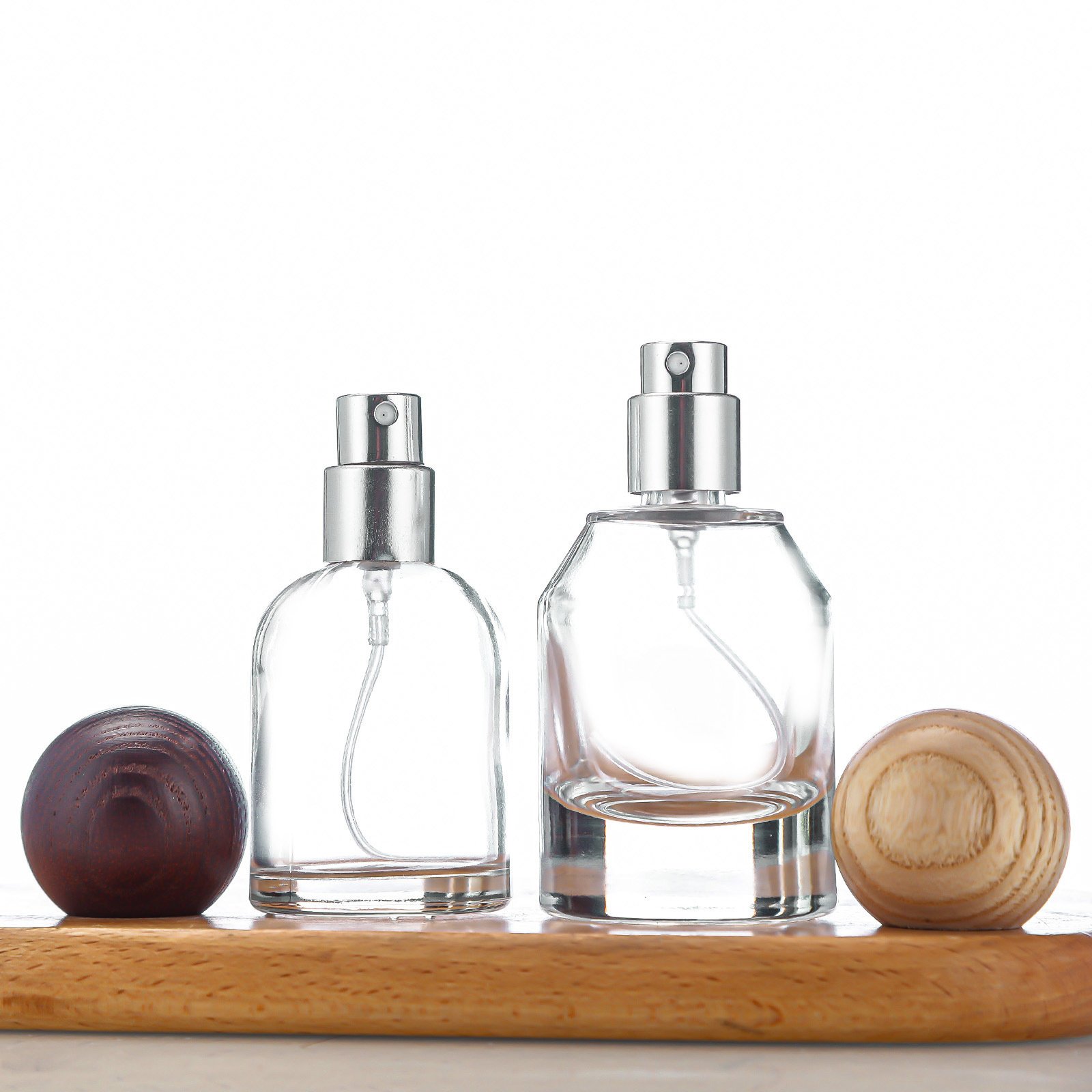 Perfume glass bottle luxury 30ml 50ml 100ml with crimp sprayer wood caps