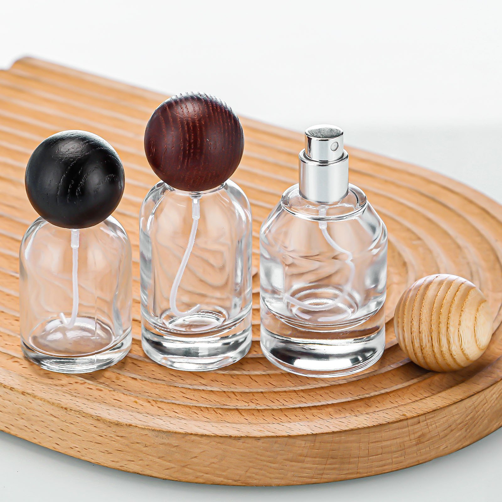 Perfume glass bottle luxury 30ml 50ml 100ml with crimp sprayer wood caps