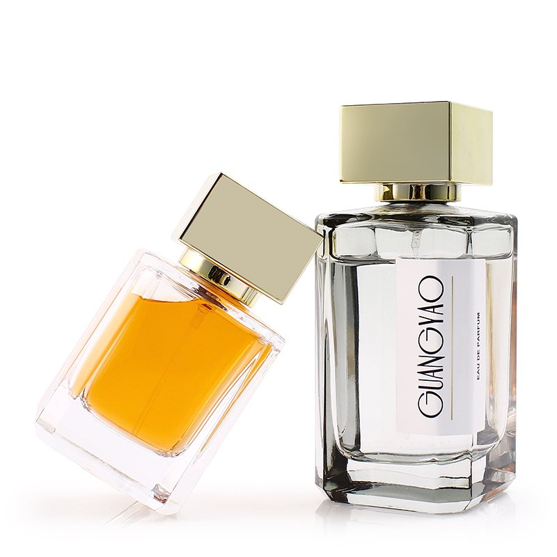 Factory Clear Square Perfume Sprayer Glass Bottle 30ML 50ML Glass Crimp Pump Sample Bottle With Gold Cover