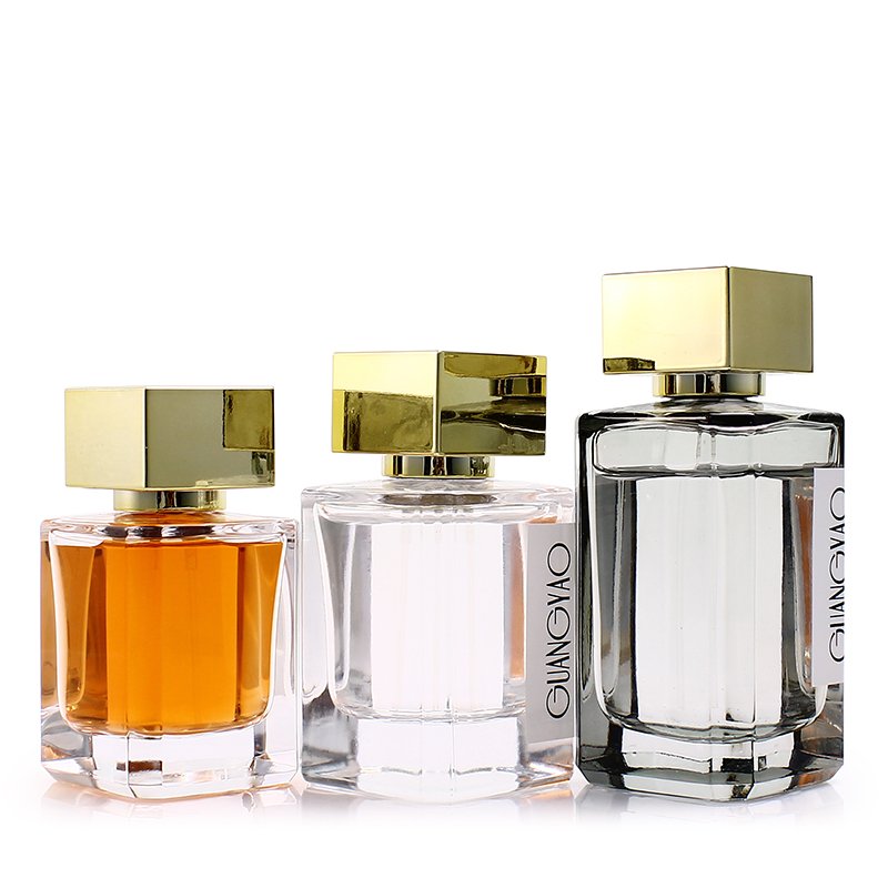 Factory Clear Square Perfume Sprayer Glass Bottle 30ML 50ML Glass Crimp Pump Sample Bottle With Gold Cover