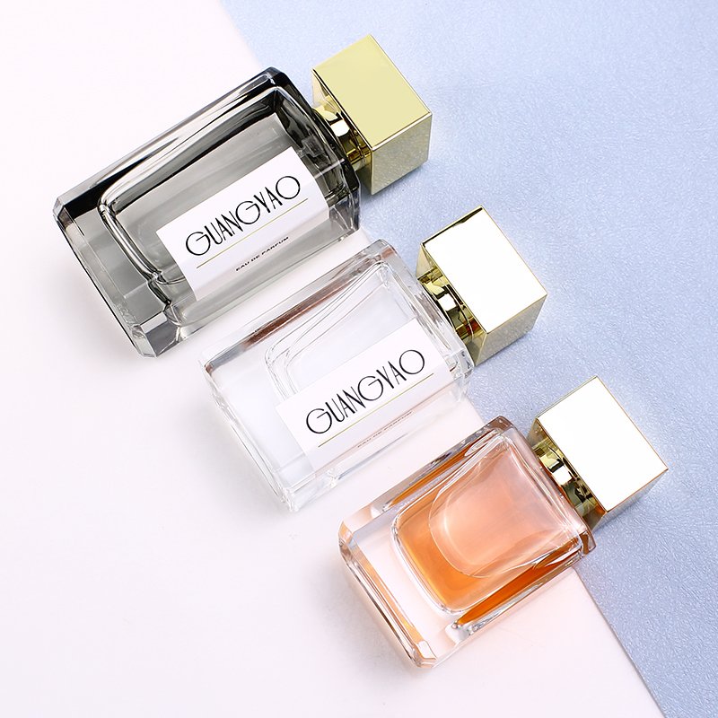 Factory Clear Square Perfume Sprayer Glass Bottle 30ML 50ML Glass Crimp Pump Sample Bottle With Gold Cover