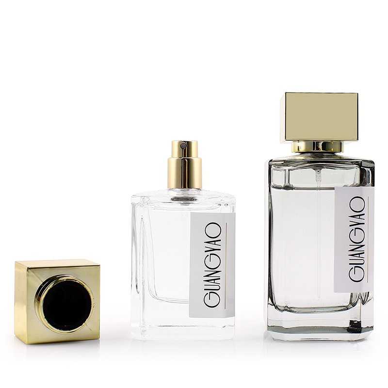 Factory Clear Square Perfume Sprayer Glass Bottle 30ML 50ML Glass Crimp Pump Sample Bottle With Gold Cover