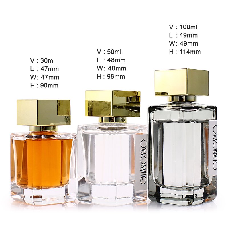 Factory Clear Square Perfume Sprayer Glass Bottle 30ML 50ML Glass Crimp Pump Sample Bottle With Gold Cover
