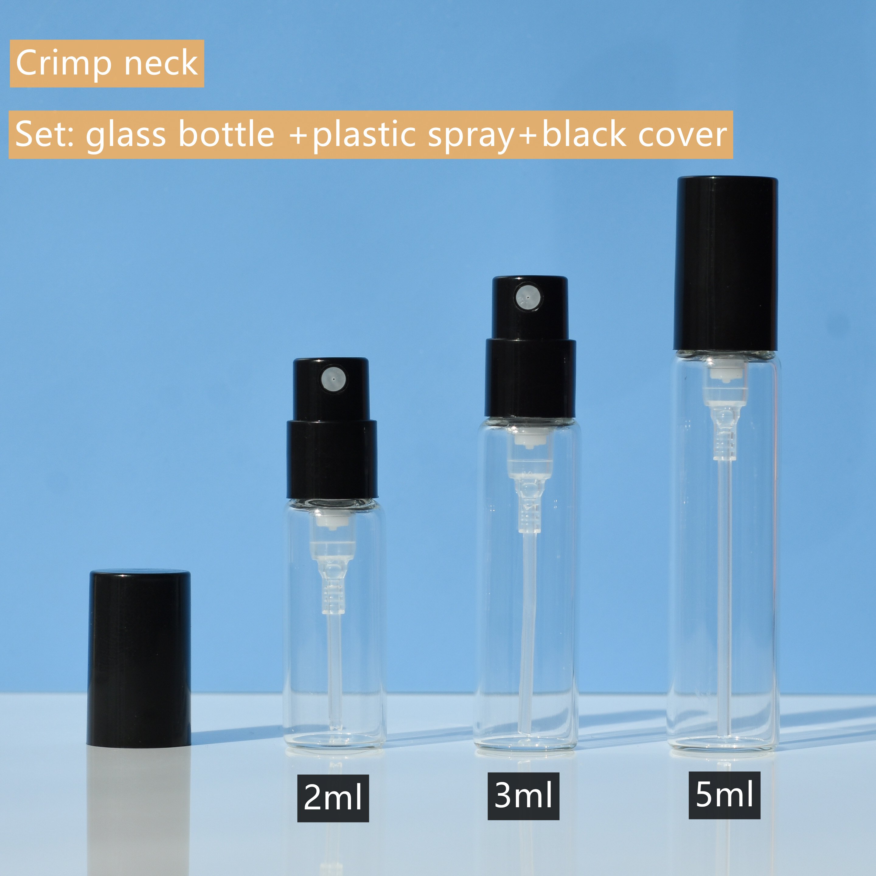 HeLun Factory 2ml 3ml 5ml Sample Tester Crimp Neck Perfume Glass Bottle With Sprayer Cover