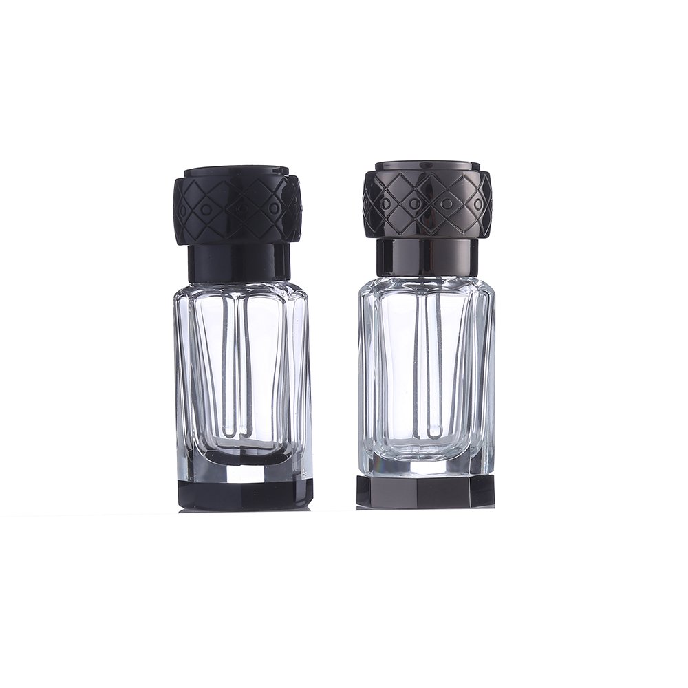 CJ-Decorative Mini Travelling Octagonal Polished Glass Bottles Black Clear Bottom 3ml 6ml 12ml Oud Essential Oil Arabian Attar