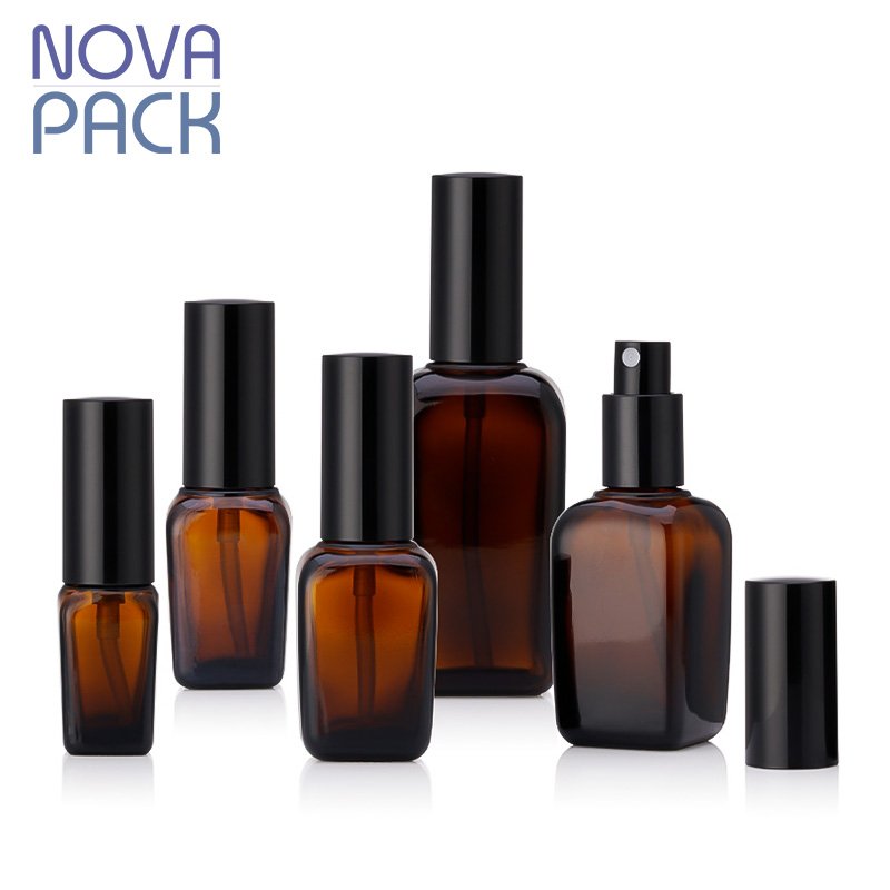 10ml 15ml 20ml 30ml 50ml 100ml fancy square amber glass essential oil spray bottle facial mist spray toner bottle with black lid
