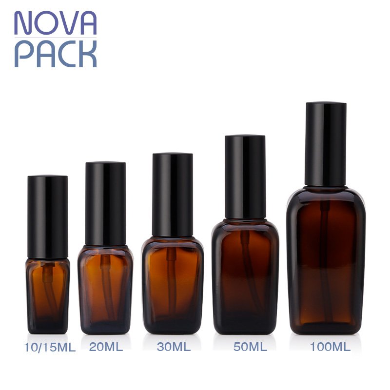 10ml 15ml 20ml 30ml 50ml 100ml fancy square amber glass essential oil spray bottle facial mist spray toner bottle with black lid