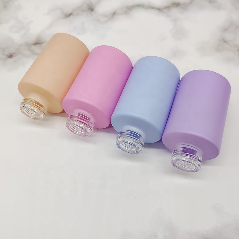 Pink Violet Yellow Blue Cylinder Liquid Make Up Foundation Cosmetic Glass Bottle 30ml Skincare Lotion Pump Bottle with Cap