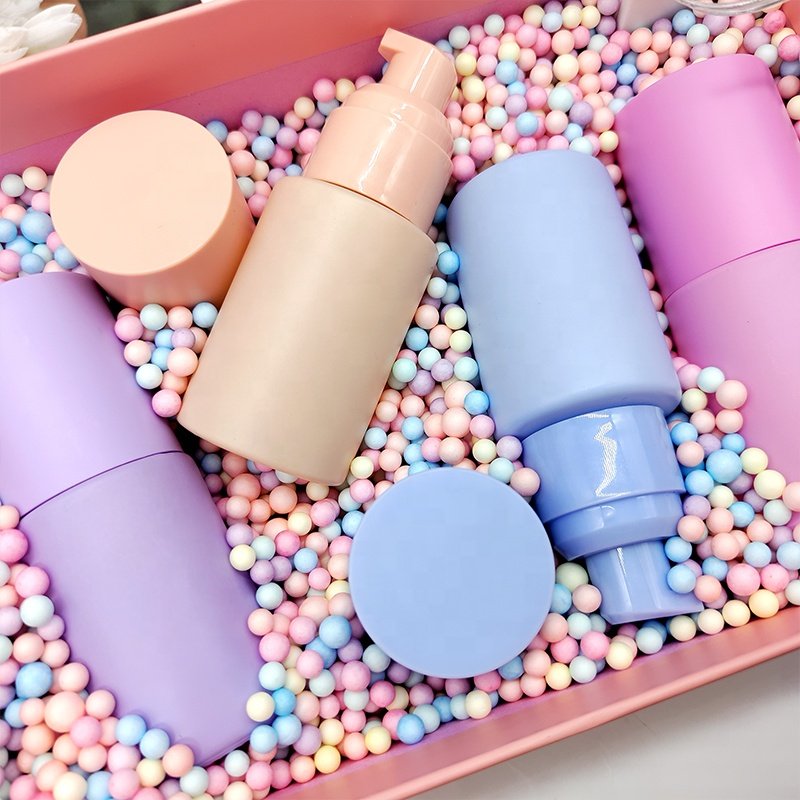 Pink Violet Yellow Blue Cylinder Liquid Make Up Foundation Cosmetic Glass Bottle 30ml Skincare Lotion Pump Bottle with Cap