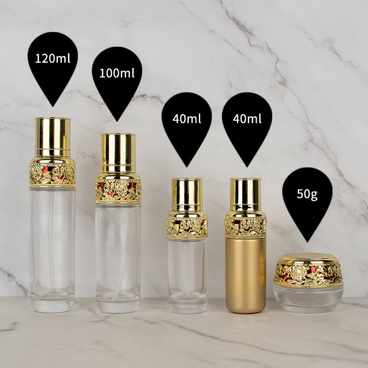 luxury golden glass bottle sets cosmetic skincare container packaging glass cream jar with sophestication gold cap
