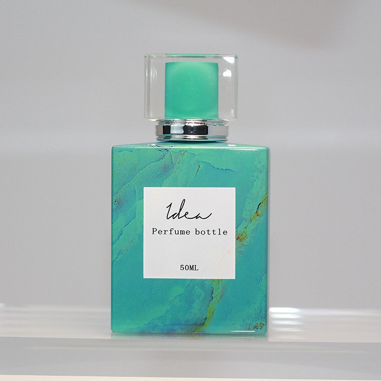 Custom Decoration Newest Custom Vacuum Heat Transfer Blue-green Marbling Spray-head 75ml Perfume Glass Bottle