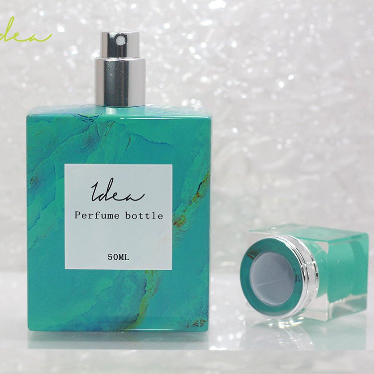 Custom Decoration Newest Custom Vacuum Heat Transfer Blue-green Marbling Spray-head 75ml Perfume Glass Bottle