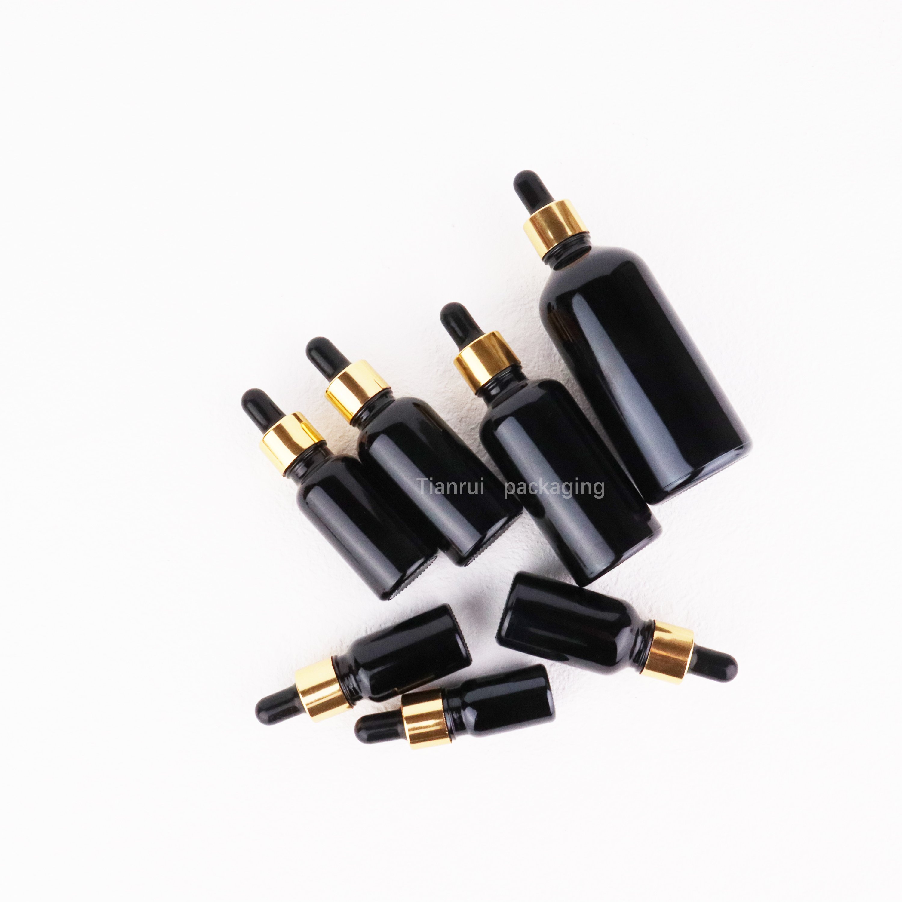 Empty 5ml 10ml 15ml 20 ml 30ml 50ml 100ml Essential Oil Hair Serum Bottle Glass Shiny Black Gold Dropper Bottles