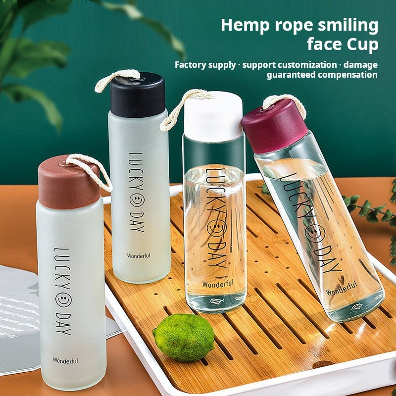 Eco Friendly Portable Smile Face Smoon Frosted Clear Glass Water Bottle Glasses Drinking Bottles Handy Cup