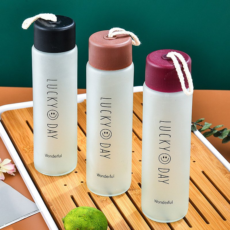 Eco Friendly Portable Smile Face Smoon Frosted Clear Glass Water Bottle Glasses Drinking Bottles Handy Cup