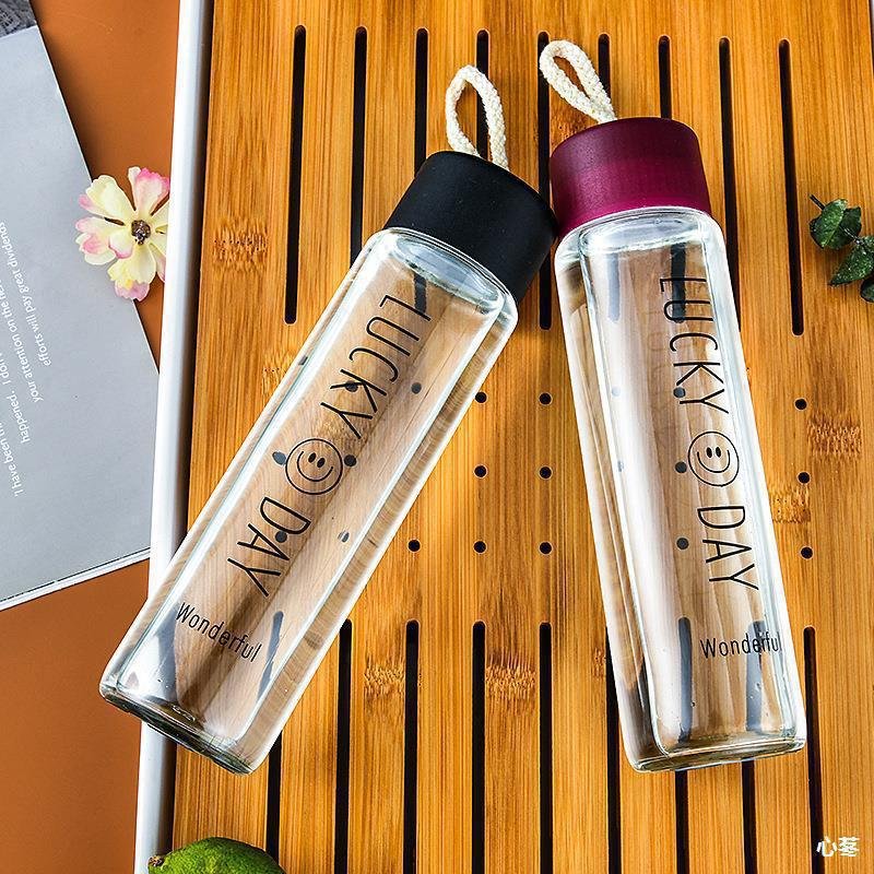 Eco Friendly Portable Smile Face Smoon Frosted Clear Glass Water Bottle Glasses Drinking Bottles Handy Cup
