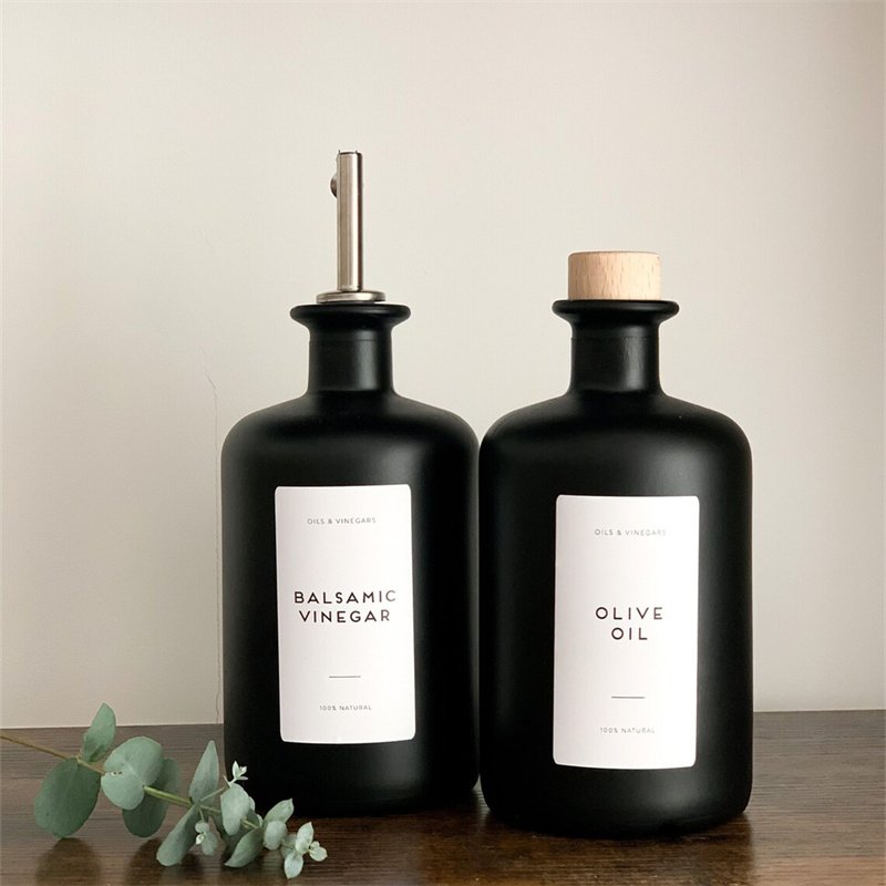Wholesale Unique Design round 375ml 500ml 750ml 1L black matte olive oil bottle glass with lid