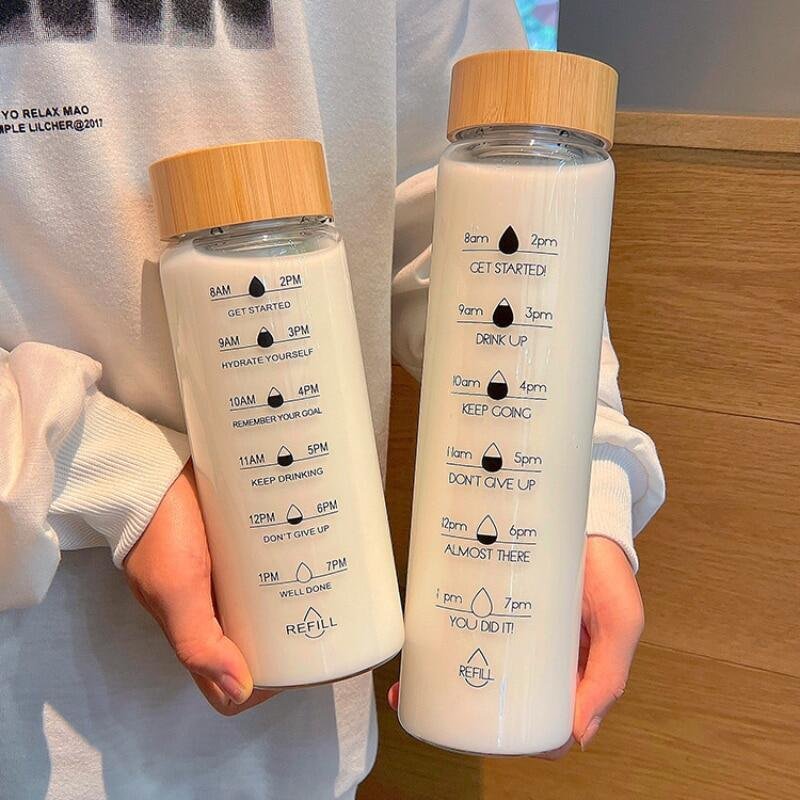 700ml Drinking Water Bottle Filters Custom Clear Glass Tumbler Double Wall Glass With Time Marker And Stainless Steel Bamboo Lid