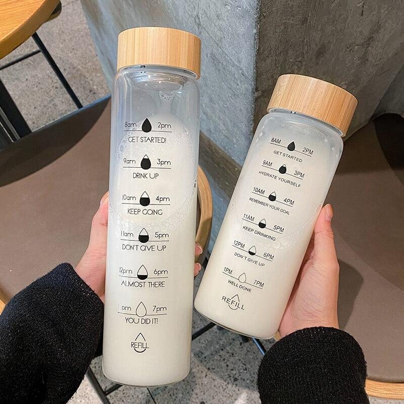 700ml Drinking Water Bottle Filters Custom Clear Glass Tumbler Double Wall Glass With Time Marker And Stainless Steel Bamboo Lid