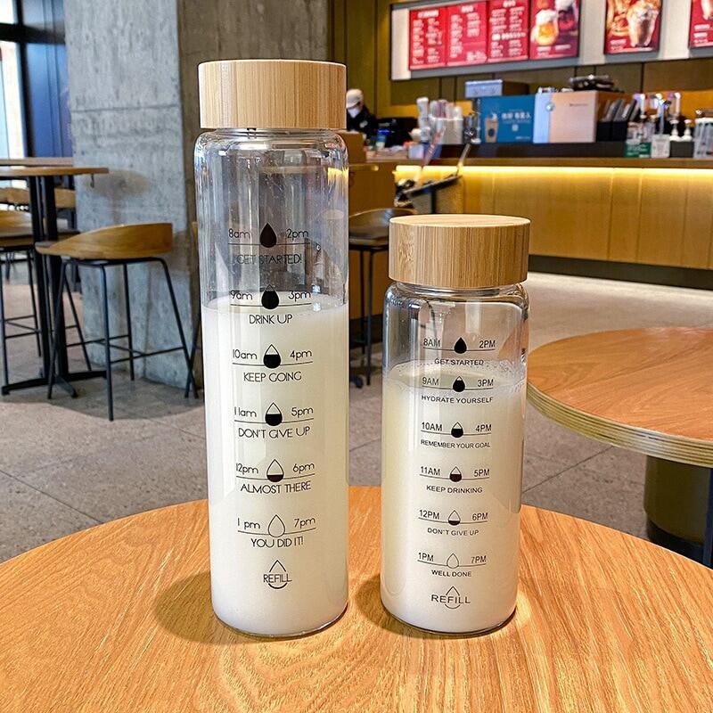 700ml Drinking Water Bottle Filters Custom Clear Glass Tumbler Double Wall Glass With Time Marker And Stainless Steel Bamboo Lid