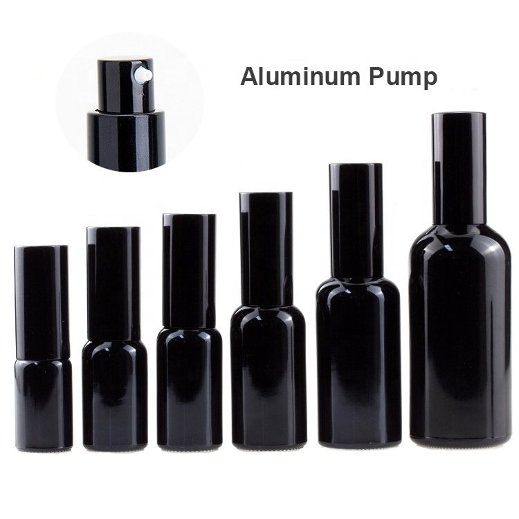black spray bottle 20ml 30ml 50ml 100ml empty black glass bottle with aluminum spray pump for cosmetic bottle