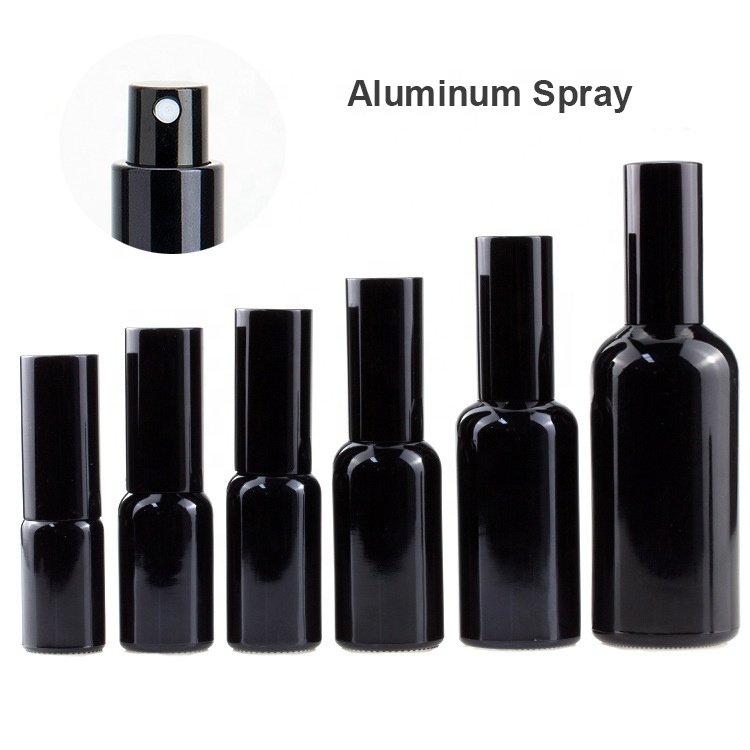 black spray bottle 20ml 30ml 50ml 100ml empty black glass bottle with aluminum spray pump for cosmetic bottle