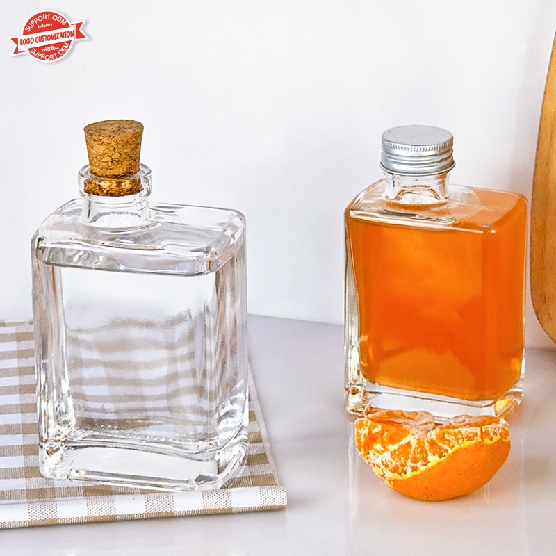 Fashion 200ml 280ml Clear Empty Crooked Mouth Square Beverage Milk Tea Juice Coffee Wine Bottles Glass Bottle with Cork Stopper