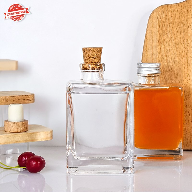 Fashion 200ml 280ml Clear Empty Crooked Mouth Square Beverage Milk Tea Juice Coffee Wine Bottles Glass Bottle with Cork Stopper