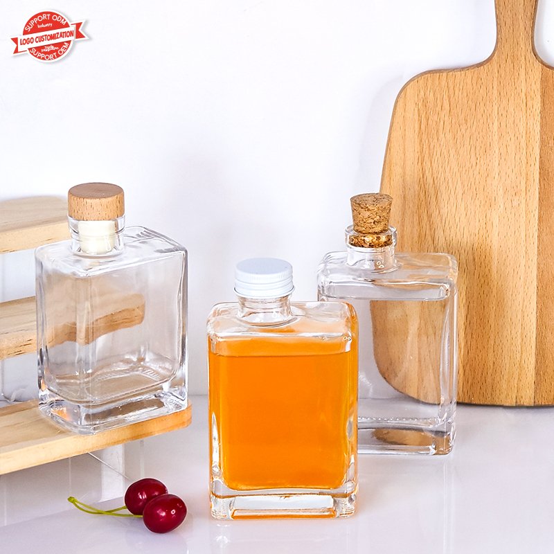 Fashion 200ml 280ml Clear Empty Crooked Mouth Square Beverage Milk Tea Juice Coffee Wine Bottles Glass Bottle with Cork Stopper