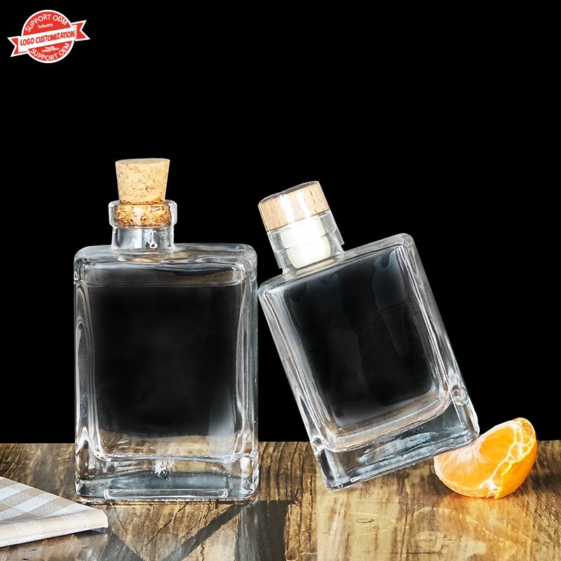 Fashion 200ml 280ml Clear Empty Crooked Mouth Square Beverage Milk Tea Juice Coffee Wine Bottles Glass Bottle with Cork Stopper